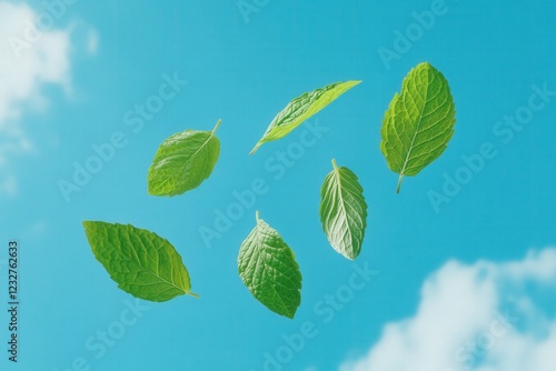fresh mint leaves falling against a blue sky