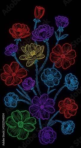 seamless pattern with spring flowers, neon flowers on a dark background
