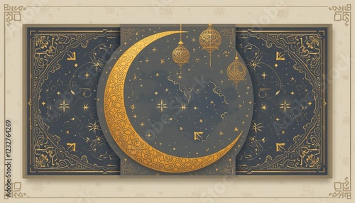 Islamic artwork featuring a crescent moon with intricate patterns, lanterns, and golden accents, highlighting the elegance of Ramadan celebrations.
 photo