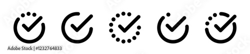 Checkmark in circle vector outline icon set.
Approved marks in round checkboxes.