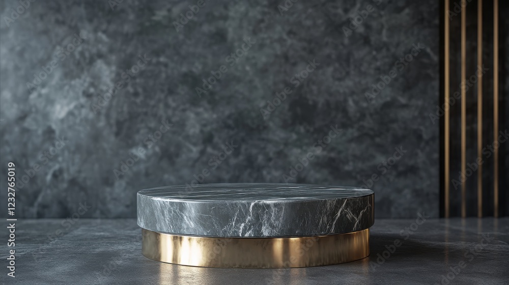 Round marble table with gold accents placed in a modern interior setting Round marble table with gold accents placed in a modern interior setting