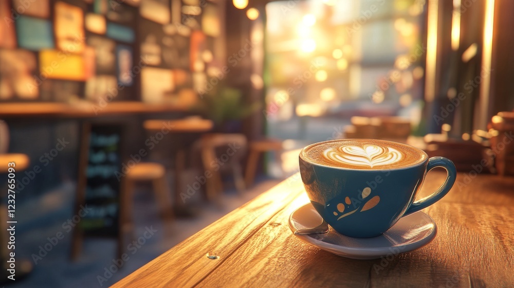 A close-up of latte art with a cozy cafe background. A close-up of latte art with a cozy cafe background.