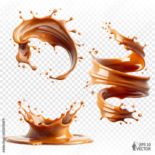 Realistic liquid caramel, confectionery sauce. Vector set of splashes of different shapes and design options. 3D food illustration for packaging design isolated on white background