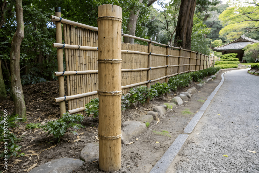 Tranquil Bamboo Fence: A traditional bamboo fence, woven with meticulous craftsmanship, creates a serene and inviting atmosphere in a lush Japanese garden. Tranquil Bamboo Fence: A traditional bamboo fence, woven with meticulous craftsmanship, creates a serene and inviting atmosphere in a lush Japanese garden.