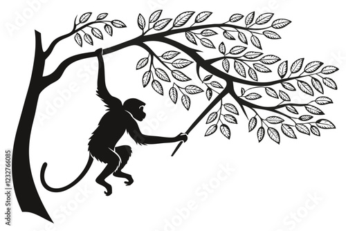 Minimalist Monkey Hanging from Tree Logo Icon – Silhouette Design on White Background