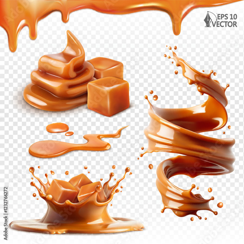 Vector set of soft caramel cream, toffee. Realistic syrup splash with falling cubes. Caramel swirl, various design options. 3D food illustration isolated on white background