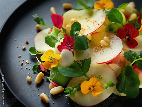 Wallpaper Mural Delicate Apple and Herb Salad with Vibrant Edible Flowers, Nuts, and Fresh Greens on a Dark Background Torontodigital.ca
