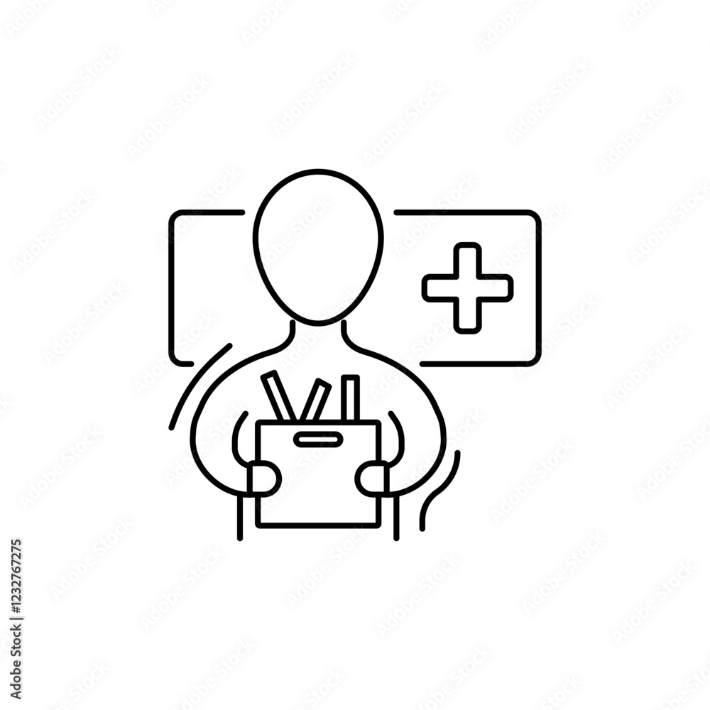 Employee with Work Box Outline Icon, indicates a new or transferred employee. Employee with Work Box Outline Icon, indicates a new or transferred employee.