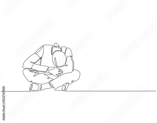 Continuous line drawing of International suicide prevention day. Single line illustration of depression men. Sad man, depressed, negative thinking concept. Editable outline