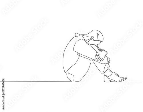 Continuous line drawing of International suicide prevention day. Single line illustration of depression men. Sad man, depressed, negative thinking concept. Editable outline