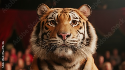 Majestic tiger portrait captured in a dimly lit theater setting photo