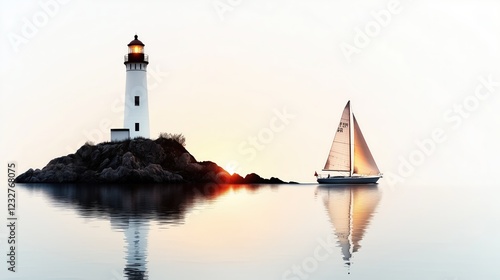 Wallpaper Mural Sailboat navigating calm waters near lighthouse at sunset Torontodigital.ca