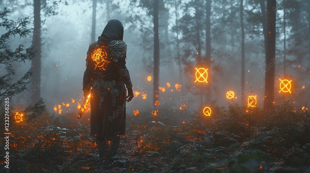 Fototapeta premium Hooded Warrior Walks Through An Enchanted Forest