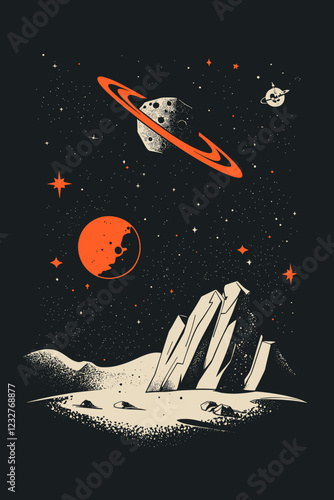 A surreal space scene featuring a rocky alien landscape under a starry sky. A ringed planet and a red moon hover above, surrounded by small glowing stars.