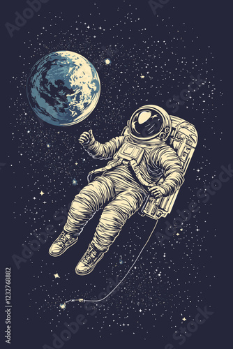 A highly detailed illustration of an astronaut floating in the vastness of space, tethered to nothing, with Earth appearing small and distant.