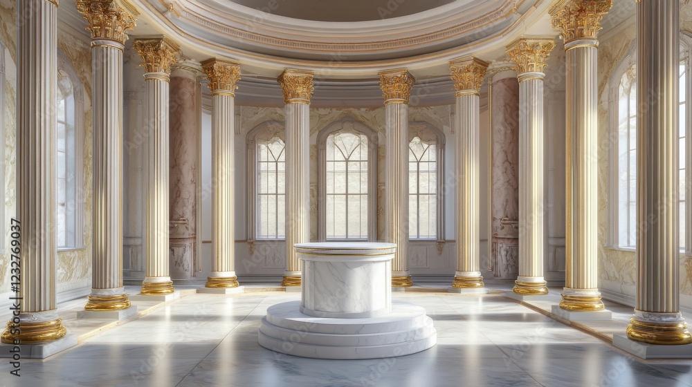 Fototapeta premium Room interior featuring marble floor and marble pedestal with soft lighting