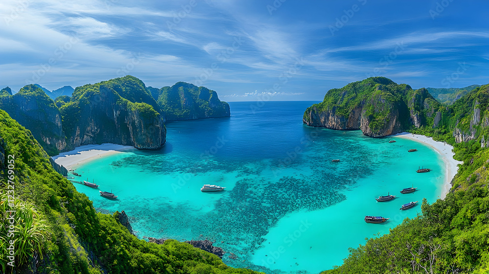 Fototapeta premium Maya Bay, Thailand Tropical beach boats turquoise water