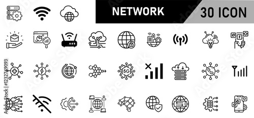Minimalist Network Icon Pack | 30 Outline Vector Icons, Editable stroke. 