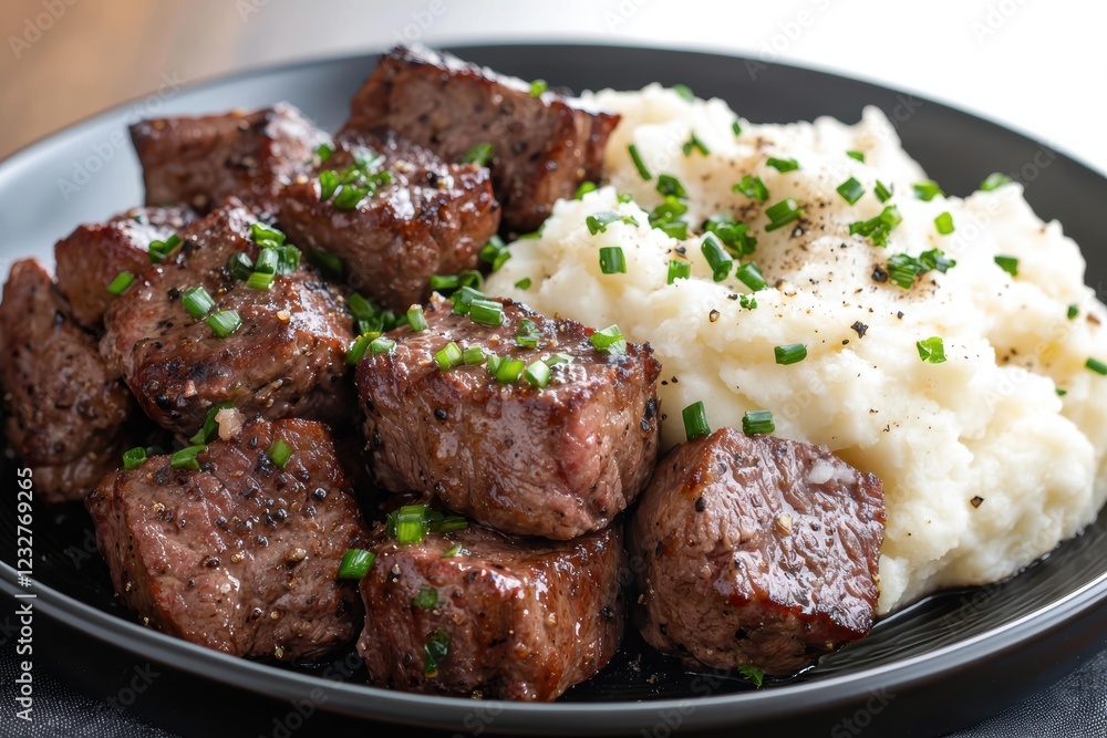 Grilled butter steak bites with mashed potatoes Grilled butter steak bites with mashed potatoes