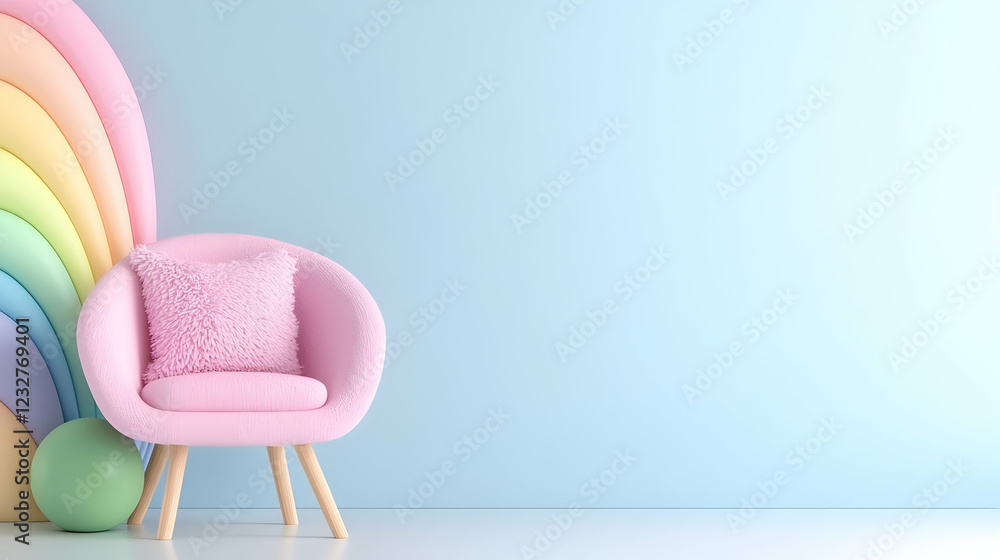 Pastel rainbow room, pink chair, child's play area