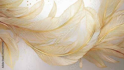 Striking Abstract Artwork in Golden Line Style White Art Background Intricately Decorated with Feathers, Showcasing an Elegant and Mysterious Ambiance, Perfect for Modern Art Appreciators and photo