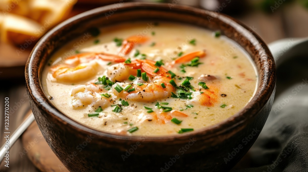 Bowl of soup containing shrimp and carrots on a wooden table with a spoon beside it Bowl of soup containing shrimp and carrots on a wooden table with a spoon beside it