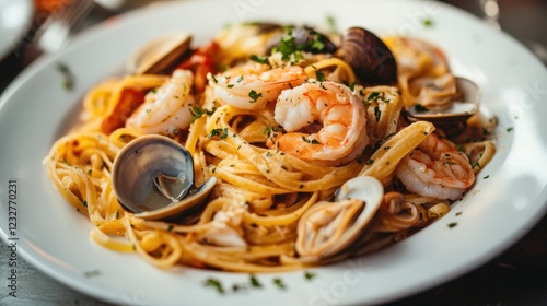 Plate of pasta with shrimp and clams served with a garnish of herbs on a rustic wooden table