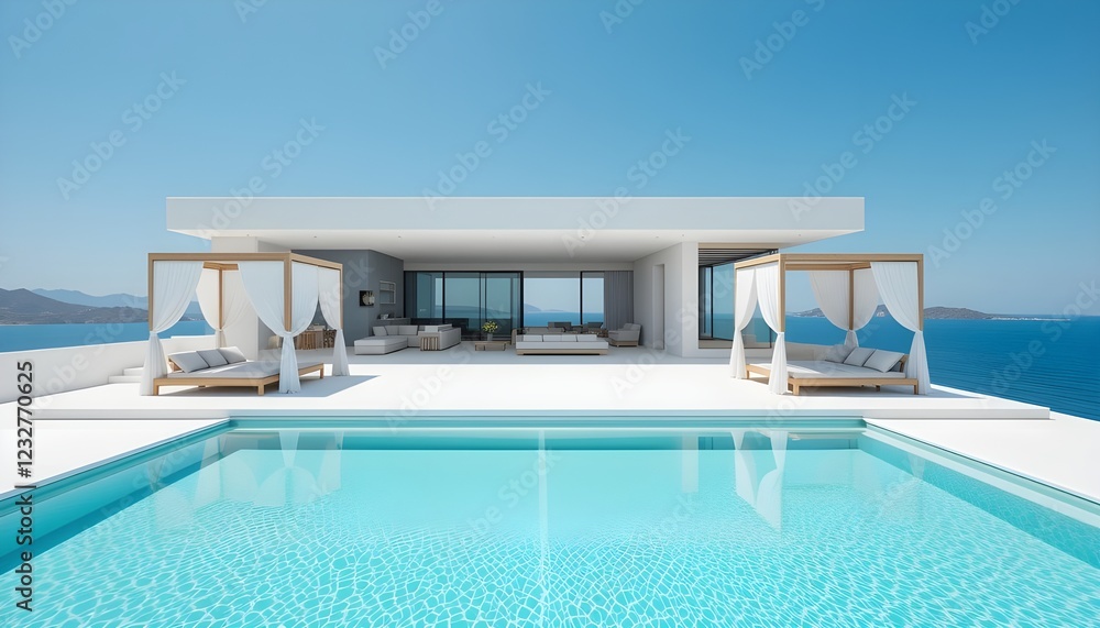 Fototapeta premium A modern, luxury infinity pool deck overlooking a vast ocean. White-washed, geometrically shaped patio with sun loungers and a cabana-style pergola. The pool is a light turquoise blue