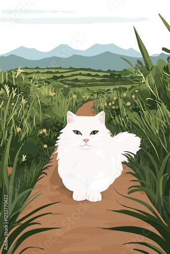A fluffy white cat sits on a dirt path surrounded by tall green grass and plants, with distant mountains in the background. 