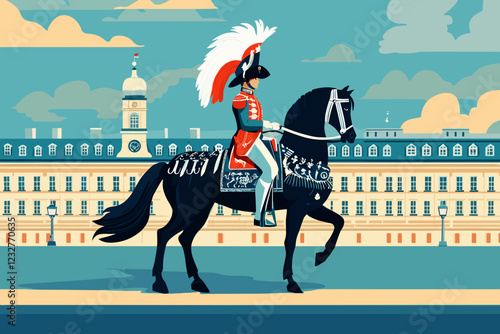 illustration of a uniformed cavalry officer riding a black horse in front of a grand European-style building.