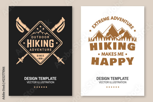 Set of hiking outdoor adventure flyer, poster, banner with mountain, hiking poles. Vector.