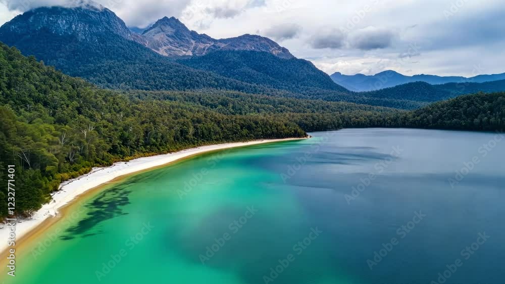 Serene Lake & Mountain Vista: Breathtaking Aerial View of Pristine Coastal Beauty Serene Lake & Mountain Vista: Breathtaking Aerial View of Pristine Coastal Beauty