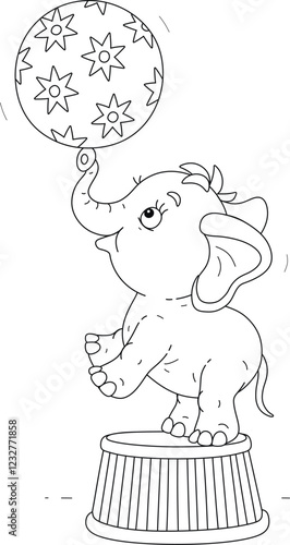 Cute baby elephant balancing on a striped podium, playing and juggling a big beautiful ball in an amusing acrobatic circus performance, black and white vector cartoon illustration for a coloring book
