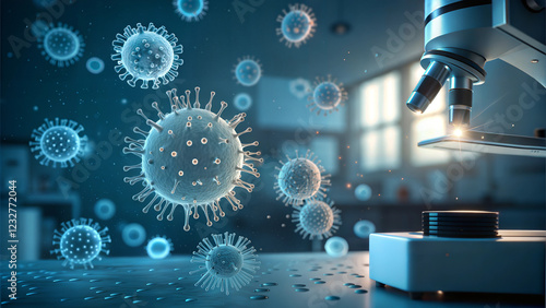 Advanced laboratory research with modern microscope and floating virus cells in blue futuristic background