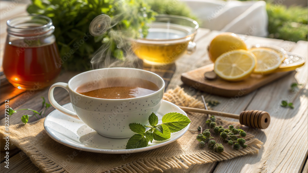 Cup of herbal tea with honey lemon and mint on rustic wooden surface in soft sunlight Cup of herbal tea with honey lemon and mint on rustic wooden surface in soft sunlight