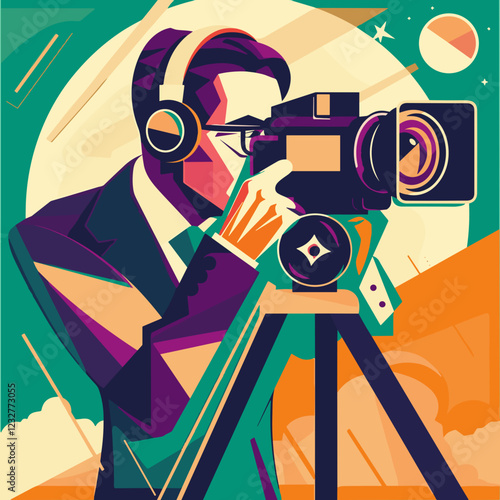 illustration of a professional videographer or filmmaker using a camera mounted on a tripod. The artwork is created in a geometric, modern, and abstract style with bold colors such as orange, green, 