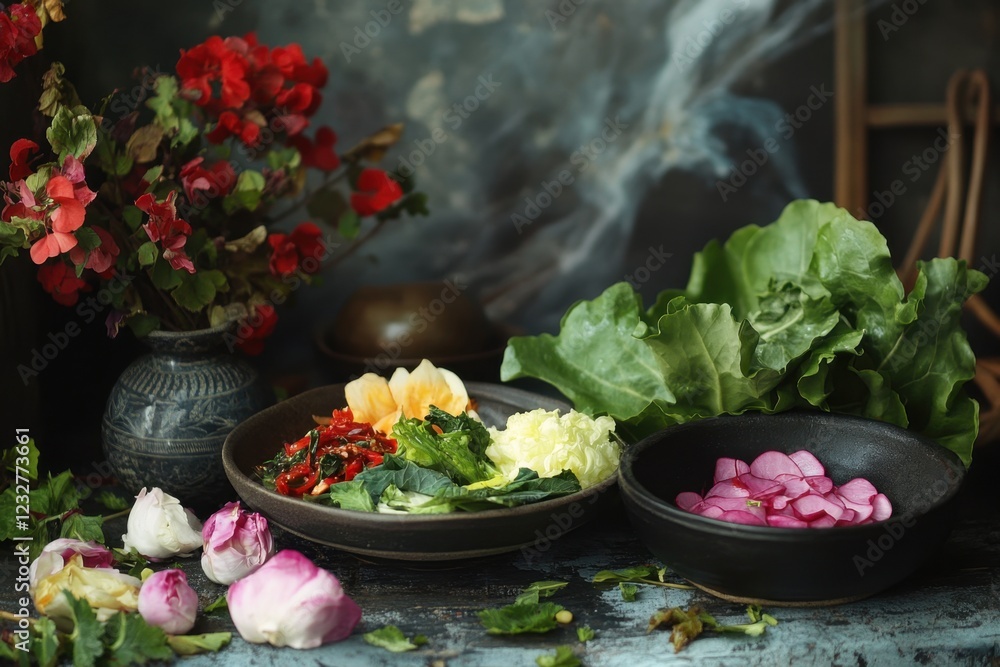 Vibrant Vegetable Salad with Colorful Garnishes and Flowers Vibrant Vegetable Salad with Colorful Garnishes and Flowers