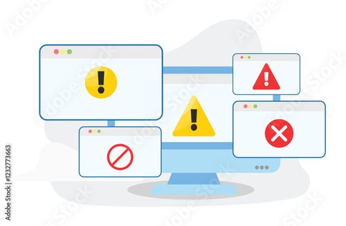 Desktop with many software error vector, desktop software error vector illustration, modern style design desktop