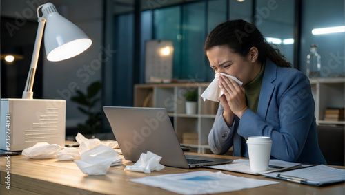 Businesswoman suffering from seasonal allergy or cold sneezing at office desk with laptop and tissues