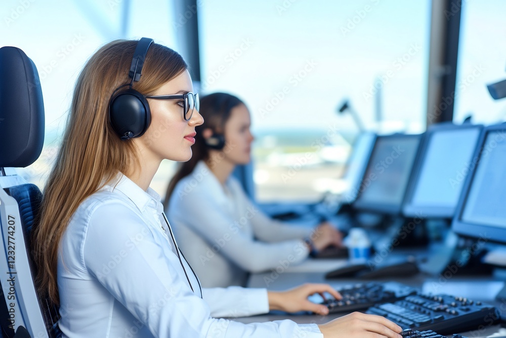 Air traffic controllers working in tower Air traffic controllers working in tower