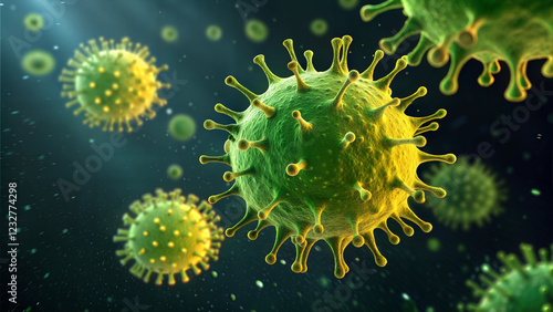 Illustration of virus cells in microscopic view with glowing green effect