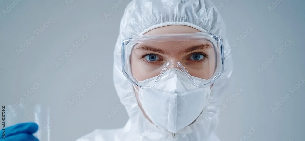 Scientist in lab coat holds vial, serious gaze. Neutral background. Medical research Scientist in lab coat holds vial, serious gaze. Neutral background. Medical research