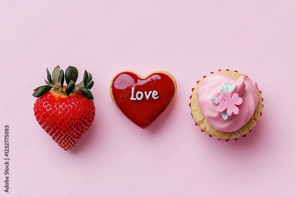 flatlay, rule of thirds, topview of A single heart-shaped cookie with a flatlay, rule of thirds, topview of A single heart-shaped cookie with a