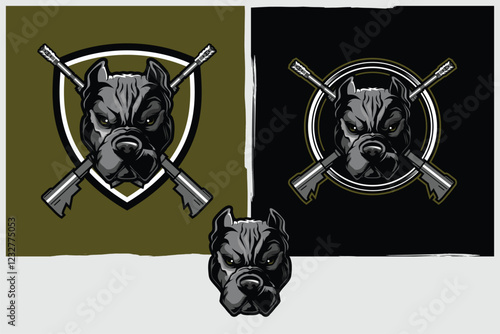 Pitbull Dog with cross rifle military theme vector image template