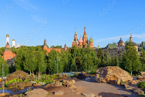 Moscow famous Kremlin and St. Basil Cathedral as seen from Zaryadye Park, offering visitors a unique blend of cultural heritage and contemporary cityscape