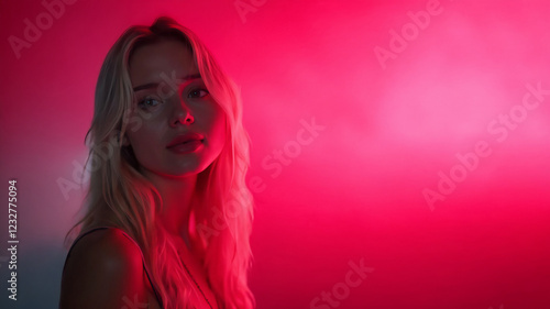 blonde pretty woman in neon light photo