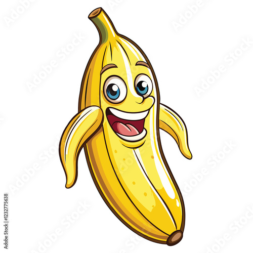 A funny yellow cartoon banana character with a sweet smile, a healthy tropical fruit illustration