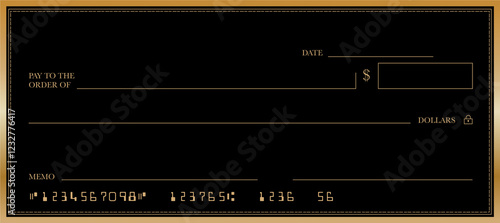 Black Bank check. Blank gold money cheque. US dollar check background. Currency payment coupon. Checkbook template with pattern and empty fields.