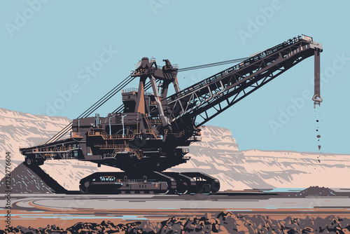 A highly detailed vector illustration of a massive industrial machine used for coal mining. 