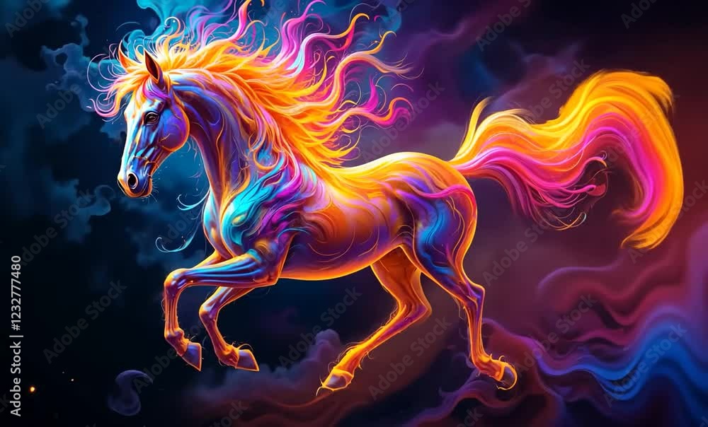 A vibrant, abstract depiction of a horse with colorful, flowing flames A vibrant, abstract depiction of a horse with colorful, flowing flames